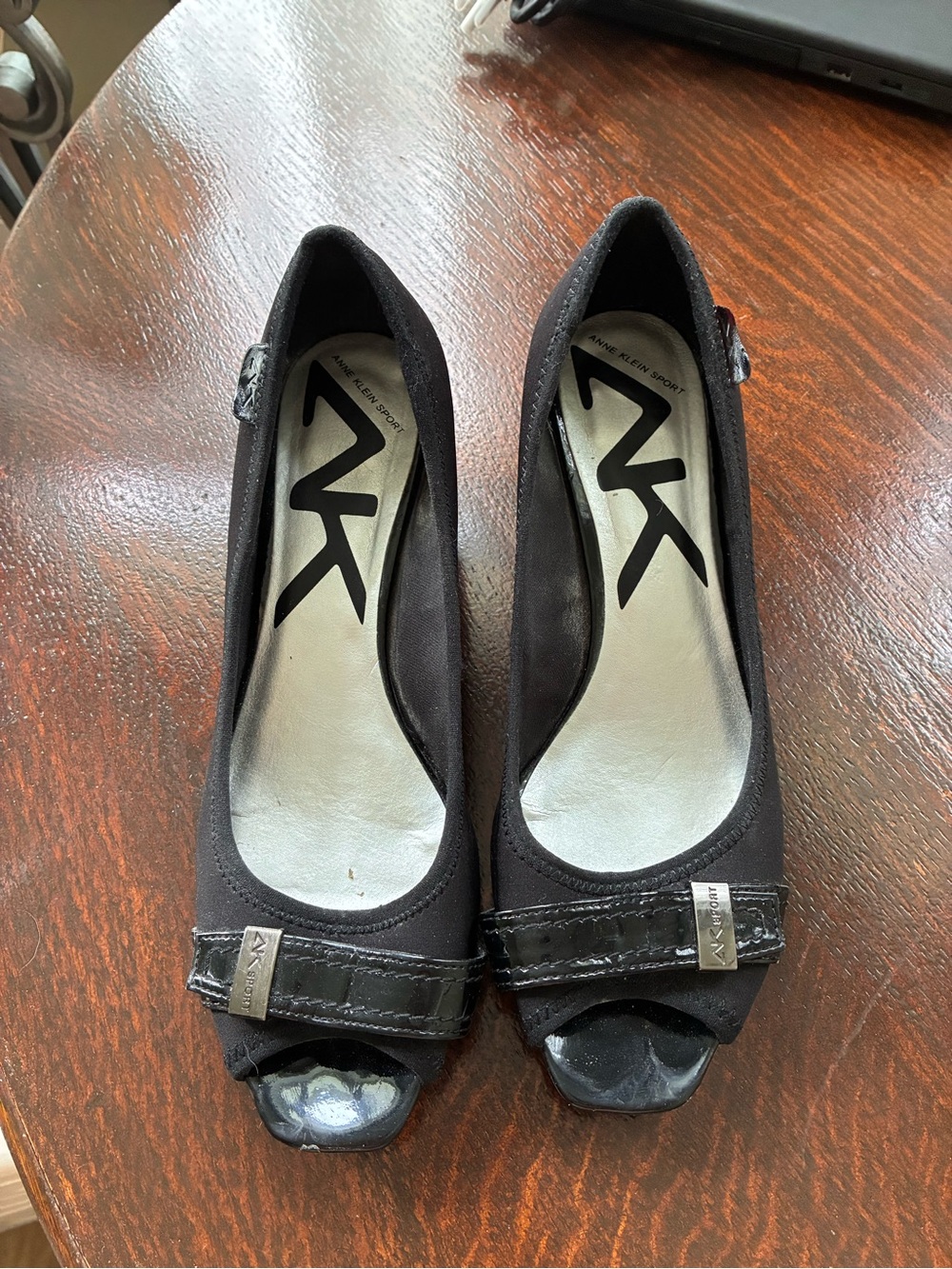 Anne Klein Sport Black Peep Toe Buckle Pumps